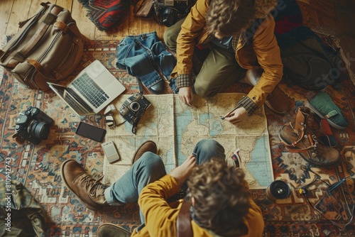 The picture of the couple young or adult caucasian human focus and looking at the map of the world in the small room that has been filled with various object under a bright sun in the daytime. AIGX03.