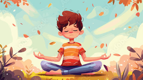 Kid boy meditating practicing yoga Concept Vector illustration