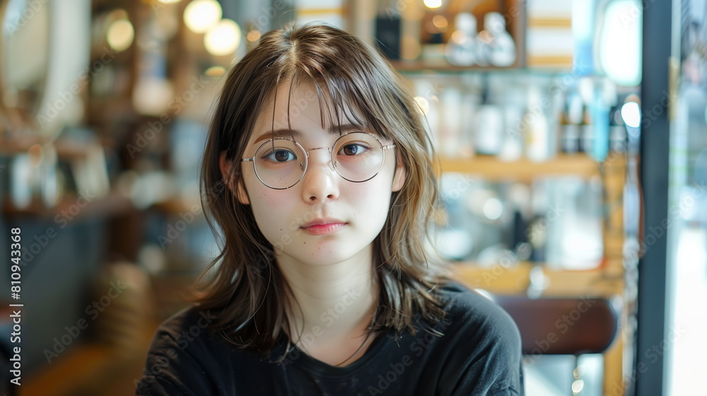 サロンにいる若い日本人の女性 めがね サロンにいる若い日本人の女性 めがね