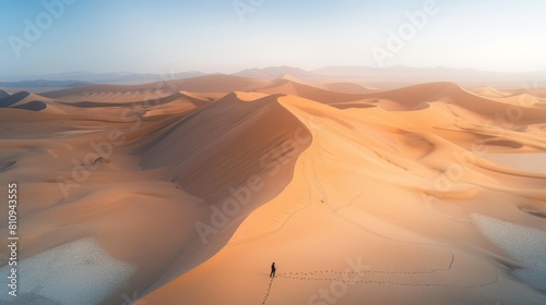 A lone traveler walks through the vast desert  leaving footprints in the sand against a backdrop of endless dunes and clear skies.