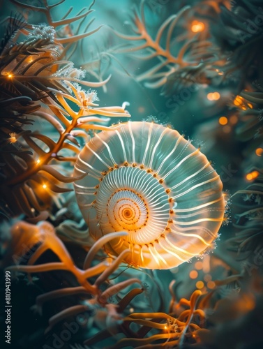A golden nautilus in an underwater world  surrounded by glowing sea plants