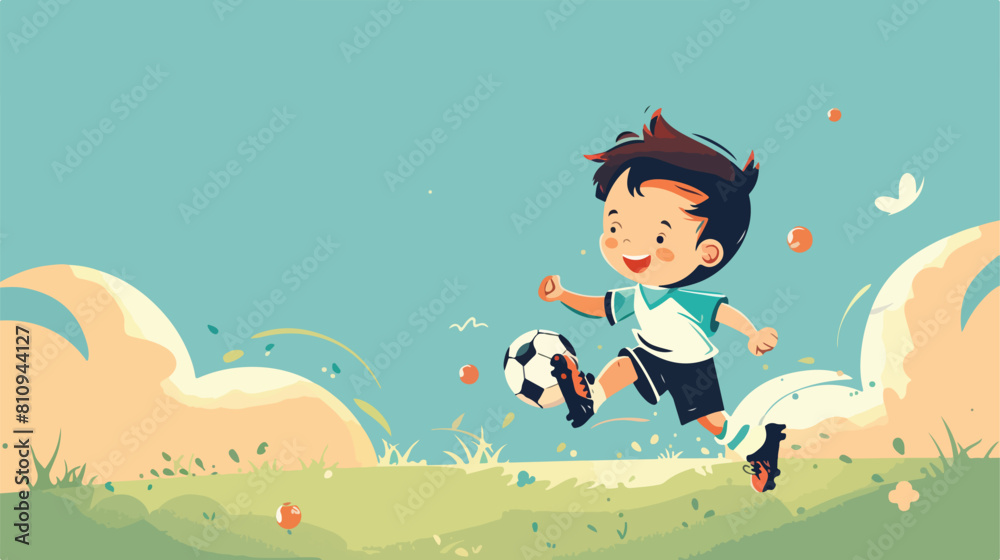 Kid child boy playing soccer kicking the football Vector