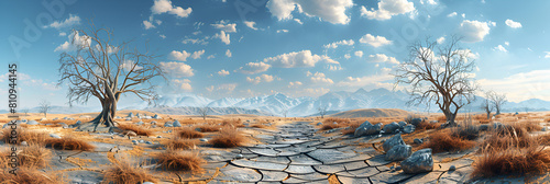A parched and cracked earth with dead trees symb,
Beautiful landscape with a river and a large road
 photo