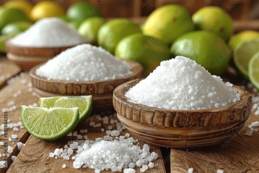 Two Wooden Bowls Filled With Sugar and Limes