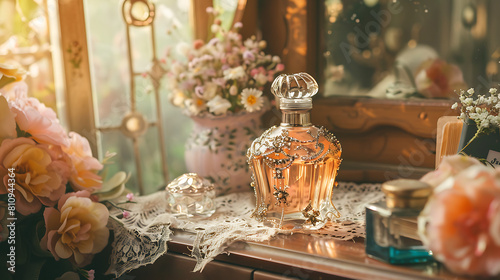 Luxury glass botel of perfume scent on the vanity table with roses 