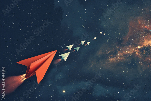 A sleek red paper plane with a shadow resembling a rocket, propelling ahead of white planes against a starry night sky