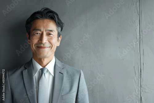 A happy middle-aged Japanese business man is looking away at copy space. The smiling, confident 50-year-old mature professional businessman, executive, CEO, manager, or entrepreneur stands against a