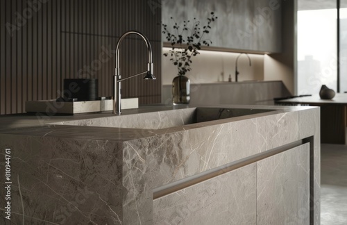 A sleek and modern kitchen sink with marble countertop, showcasing the use of light grey stone in an elegant design