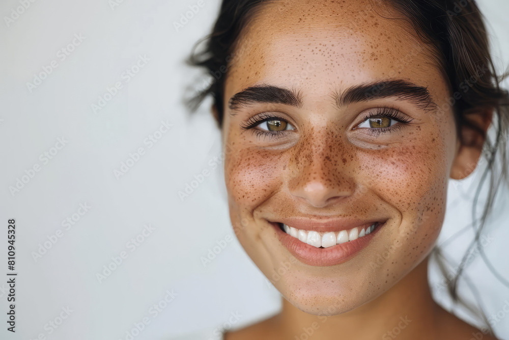 Fototapeta premium A smiling brunette Indian girl, a happy pretty young adult woman with freckles on her face, looks at the camera isolated on a white background. The focus is on skincare, hair care cosmetics for young