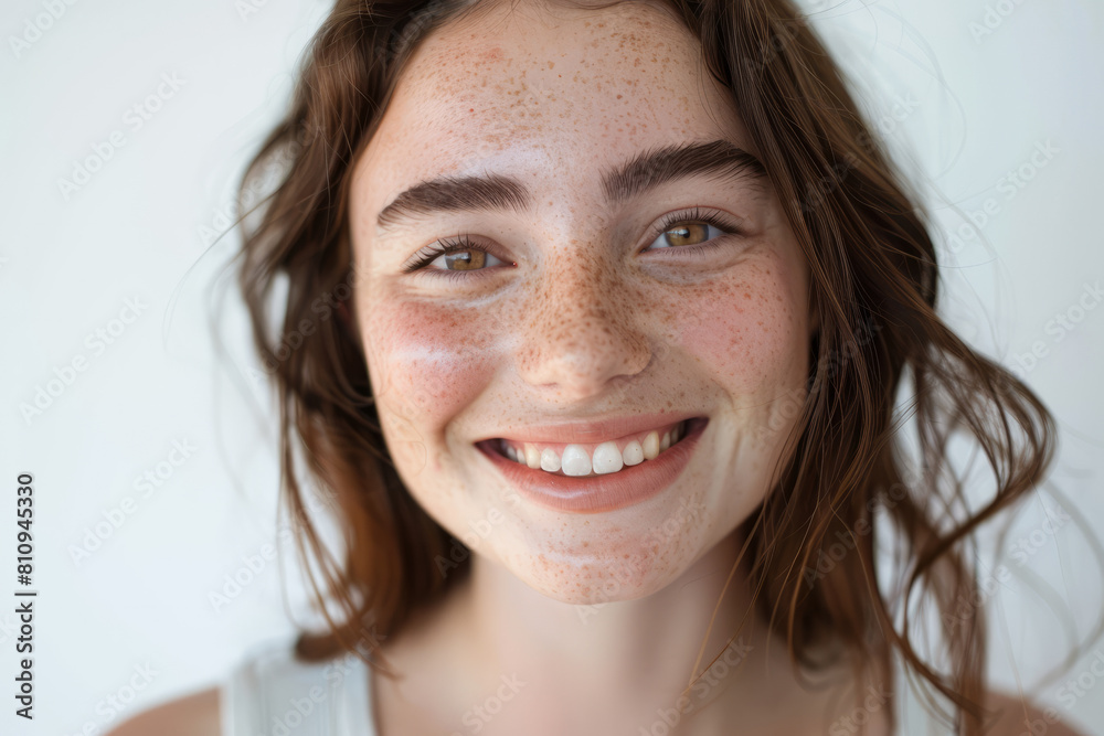 A smiling brunette Caucasian girl, a happy pretty young adult woman with freckles on her face, gazes at the camera against a white background. The emphasis is on skincare, hair care cosmetics for A smiling brunette Caucasian girl, a happy pretty young adult woman with freckles on her face, gazes at the camera against a white background. The emphasis is on skincare, hair care cosmetics for