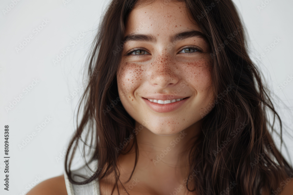 A smiling brunette Latin girl, a happy pretty young adult woman with freckles on her face, looks at the camera isolated on a white background. The focus is on skincare, hair care cosmetics for young A smiling brunette Latin girl, a happy pretty young adult woman with freckles on her face, looks at the camera isolated on a white background. The focus is on skincare, hair care cosmetics for young