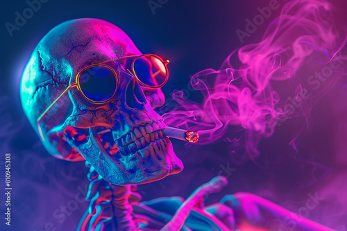 A smoking skeleton wearing sunglasses with a ghostly aura in a 1980s neon vector art style