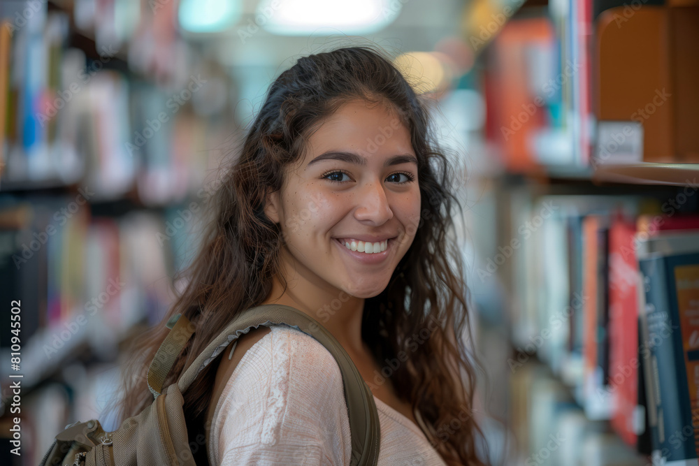 A smiling cute pretty Hispanic girl, a positive female teenage high school student, stands in the modern university or college campus library holding her backpack and looking at the camera. This