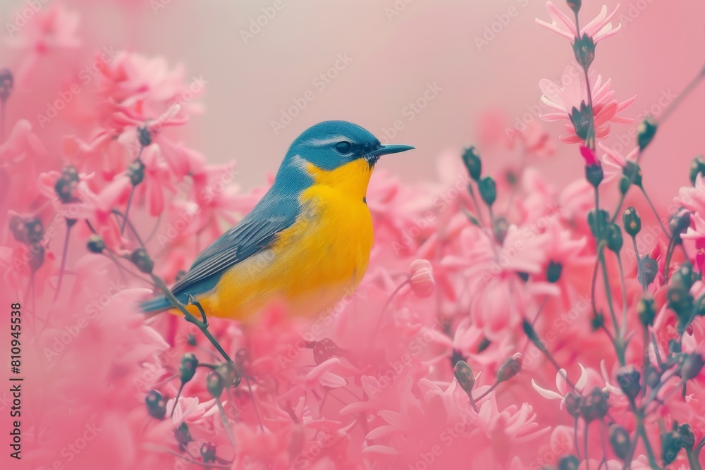 Blue and Yellow Bird Perched on Top of Pink Flowers