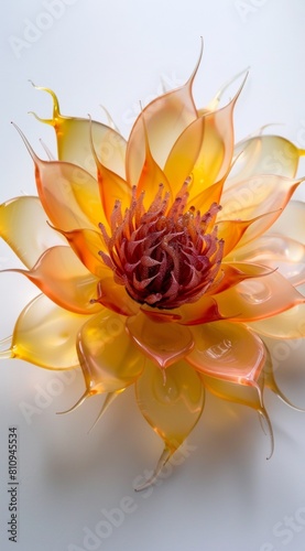 A small and delicate yellow, orange and red flower made of glass, with many petals on the surface and spiky hairlike structures growing photo