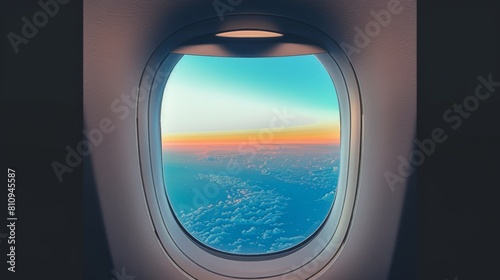 A plane window view, blue sky, gradient.