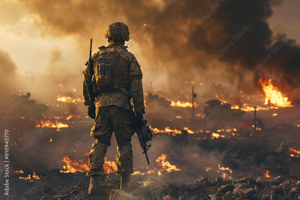 A soldier equipped with advanced tactical gear standing on a futuristic battlefield