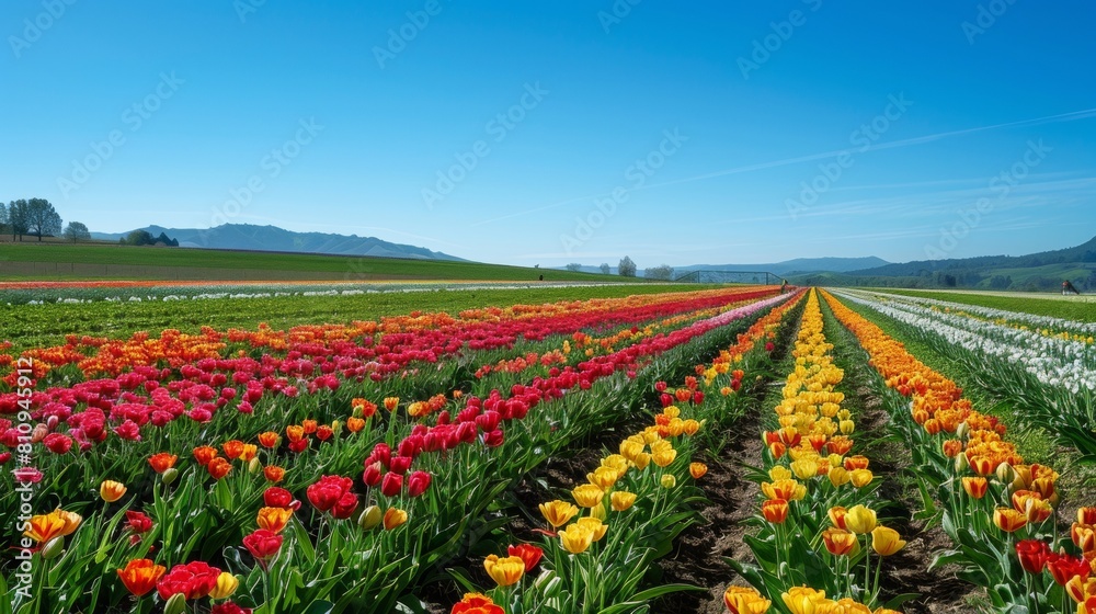 Expansive tulip field under a clear blue sky, showcasing vibrant rows of red, yellow, and orange tulips