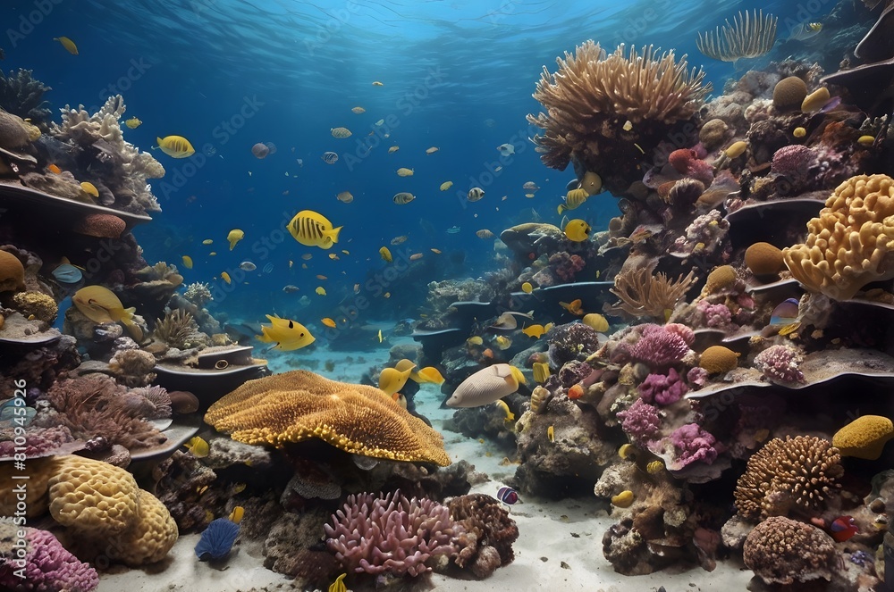 Naklejka premium A coral reef with a variety of tropical fish and corals.