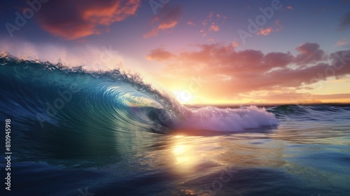 A beautiful sunset over the ocean with a large wave in the foreground. AIG51A.