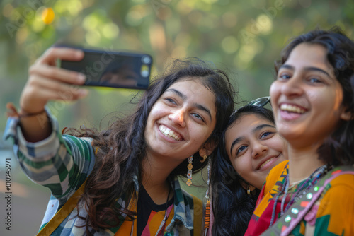 Amidst the natural beauty of the park, teenage girls share laughter and capture memories with a cheerful selfie, epitomizing the exuberance of youth and companionship.