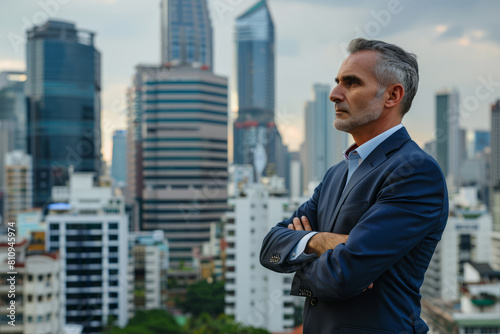 Amidst the hustle and bustle of the business city, the middle-aged business man, a seasoned CEO executive, stands confidently with arms crossed, his gaze fixed on the distant skyline, envisioning the