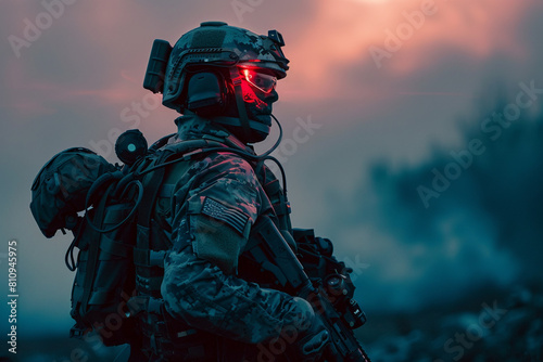 A soldier equipped with advanced tactical gear standing on a futuristic battlefield