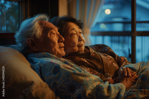 An elderly Japanese couple, both wife and husband, nestled in bed together in the comfort of their home. They share a loving gaze, content in their retirement. The mature man and woman enjoy leisurely