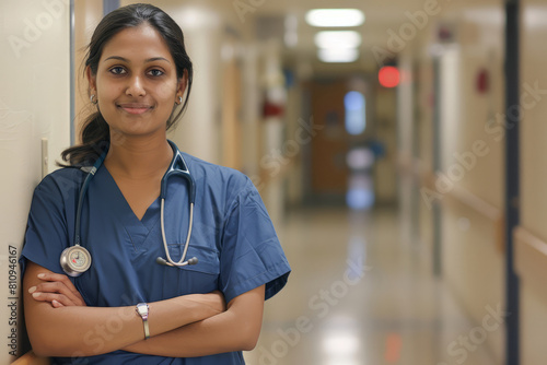An Indian nurse exudes confidence in the hospital corridor, representing excellence and empathy in healthcare.