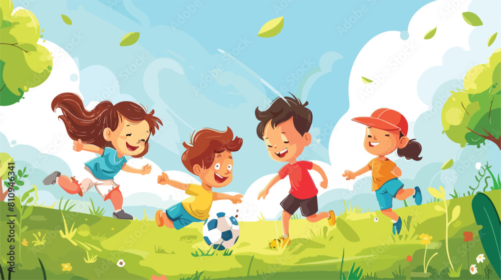 Kids Children Playing Football Outside Vector illustration