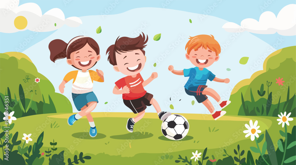 Kids Children Playing Football Outside Vector illustration
