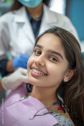 Cropped portrait of a gorgeous Indian woman with braces sitting in a dental chair. Doctor in gloves holding examination tools behind. Braces  alignment of teeth.
