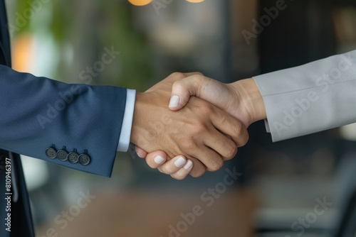 Dressed impeccably in suits, the mature Latin businessman and businesswoman share a moment of triumph as they shake hands firmly, finalizing their partnership business contract agreement during the photo