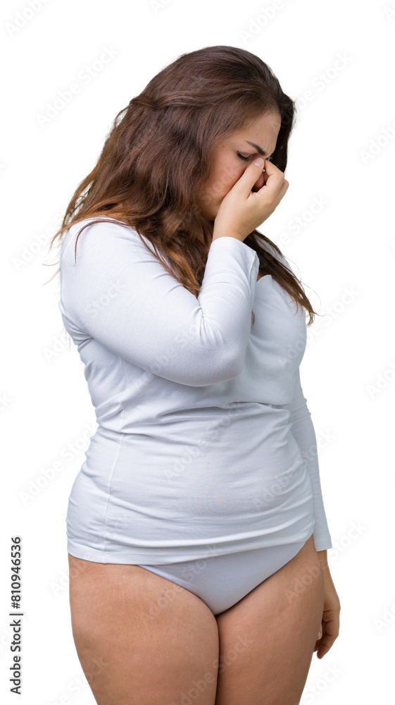Beautiful plus size young overwight woman wearing white underwear over isolated background tired rubbing nose and eyes feeling fatigue and headache. Stress and frustration concept. Beautiful plus size young overwight woman wearing white underwear over isolated background tired rubbing nose and eyes feeling fatigue and headache. Stress and frustration concept.