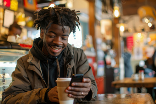 In a cozy cafe ambiance  a young African American man savors a cup of coffee while engrossed in his smartphone  his smile reflecting the enjoyment of the moment amidst the comforting atmosphere.
