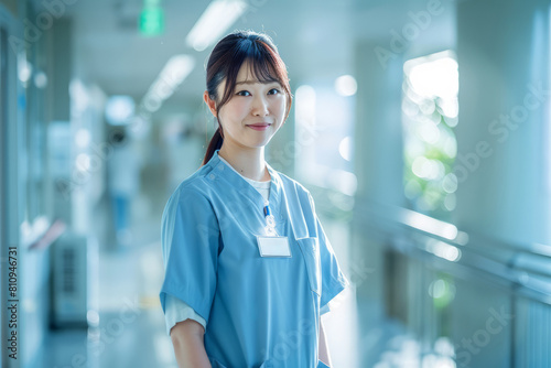 Japanese nurse stands tall in the hospital corridor, embodying proficiency and caring in healthcare.