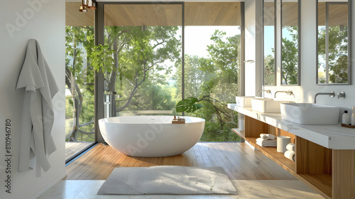 modern bathroom with white walls  a freestanding bathtub and a double sink on the right side of an open window overlooking trees  a wood floor