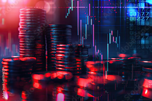 Double exposure image of coin stacks on technology financial graph backgroundEconomy trends background for business  financial meltdown  Cryptocurrency digital economy