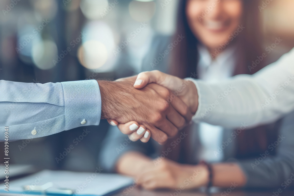 Sitting across from each other, the happy and confident Latin businessman and businesswoman seal their partnership business contract agreement with a handshake, marking the beginning of a fruitful Sitting across from each other, the happy and confident Latin businessman and businesswoman seal their partnership business contract agreement with a handshake, marking the beginning of a fruitful