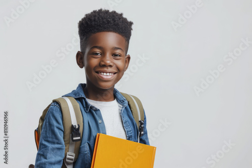 Studio portrait of a cheerful African American boy with a backpack standing isolated on a light background, gripping a textbook