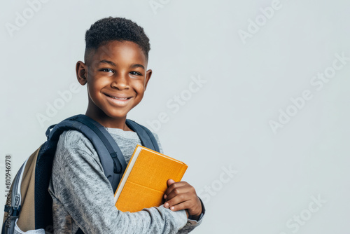 Studio portrait of a cheerful African American boy with a backpack standing isolated on a light background, gripping a textbook