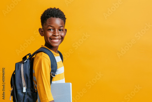 Studio portrait of a happy Black boy with a backpack standing alone against a bright backdrop, holding a textbook photo
