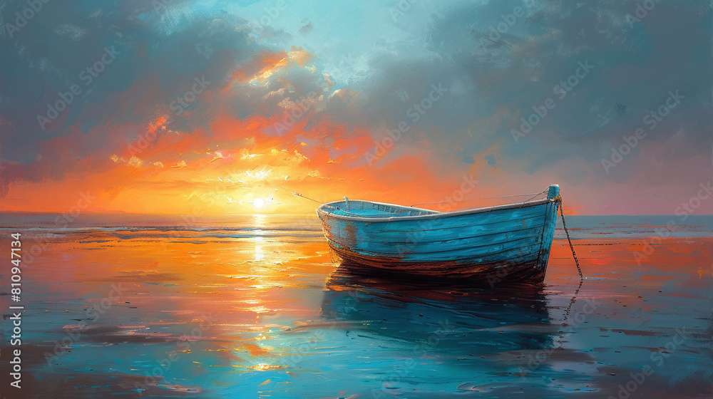 A painted depiction of a boat sailing on water under a reddening sky, with mirrored clouds in the calm reflection A painted depiction of a boat sailing on water under a reddening sky, with mirrored clouds in the calm reflection