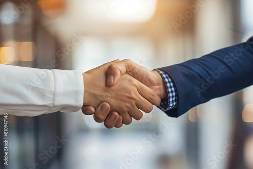 With a sense of accomplishment in the air, the professional Latin businessman and businesswoman engage in a handshake, symbolizing the successful culmination of their partnership business contract
