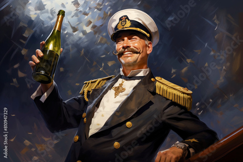 A portrait of a joyful ship's captain with a bottle of champagne.