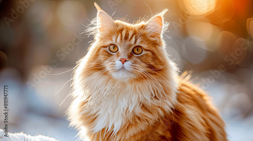A long haired orange cat with a yellow nose is sitting on a snowy surface photo