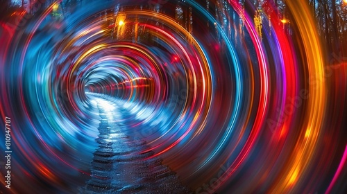  Long exposure photo of tunnel with lights shining from it and a person walking inside