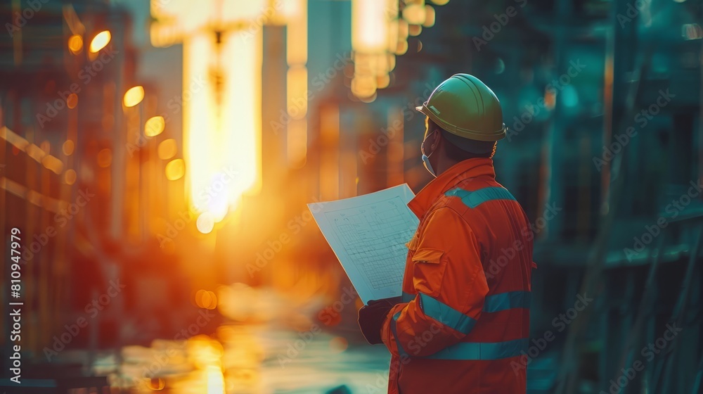 Obraz premium Smart civil engineer inspects and works outdoors on a structure building site with blueprints. Concept of engineering and architecture.