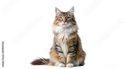 "Majestic Meow": A majestic cat sitting tall and proud, its eyes gazing into the distance with an air of regal authority against the pure white background.