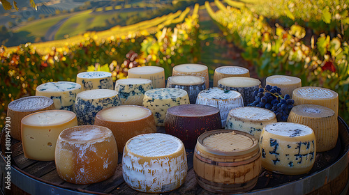 A large assortment of cheeses are displayed on a wooden table